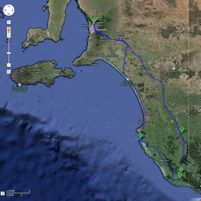 Adelaide-Naracoorte-MtGambier-Robe-Adelaide Map